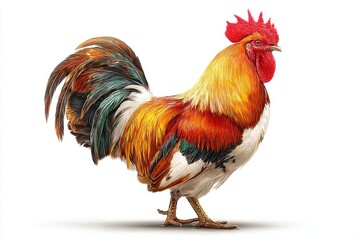 Fototapeta premium A vibrant and colorful rooster standing proudly on a white background, showcasing its rich plumage and distinctive features, a symbol of rural life.