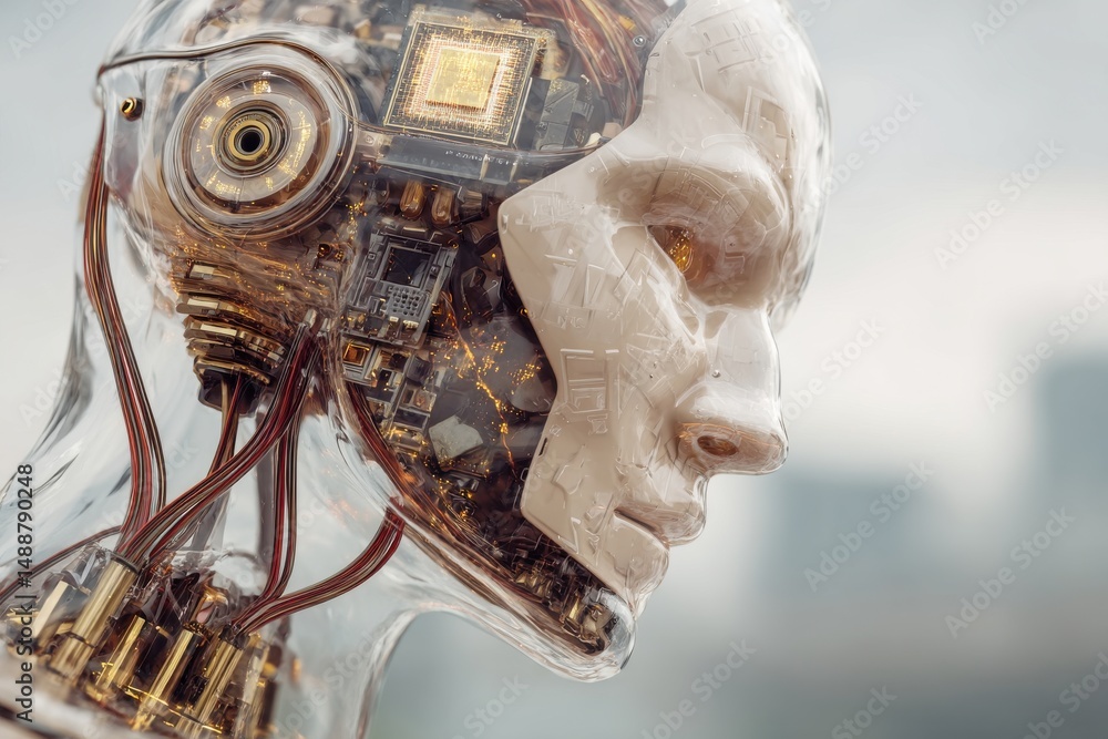 Poster close-up of a futuristic humanoid robot showcasing intricate internal components and circuitry, embo