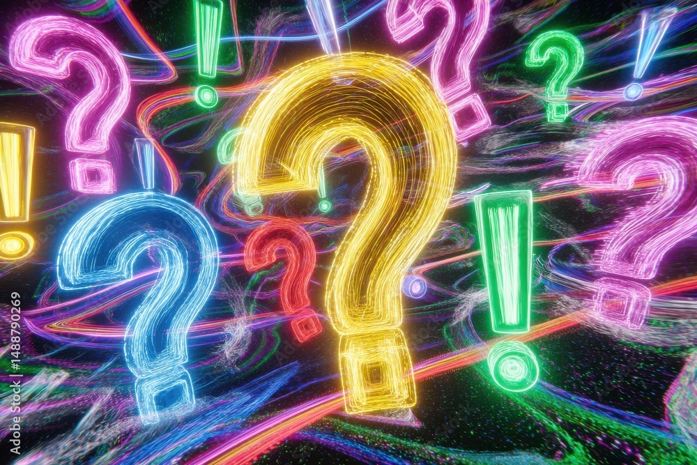 Poster a vibrant and dynamic composition of glowing question marks and exclamation points, with a colorful 