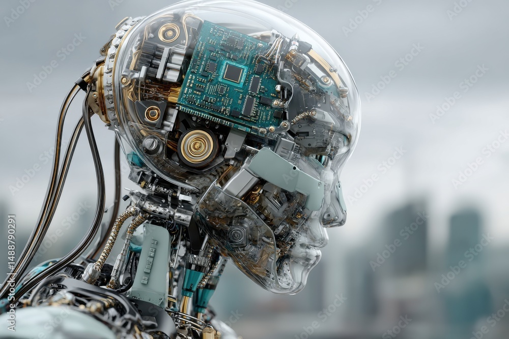 Poster a detailed side profile of a futuristic robot head showcasing advanced technology, complex circuitry