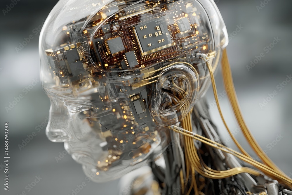 Poster a futuristic representation of artificial intelligence with a transparent head, revealing intricate 