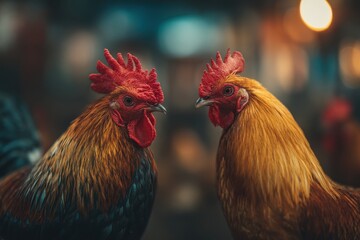 Fototapeta premium Two striking roosters with vibrant red combs standing face to face, showcasing the beauty and detail of their plumage in a close-up composition.