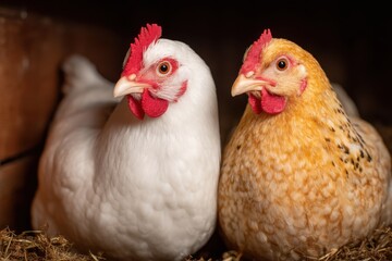 Fototapeta premium Two chickens, one white and one orange, nestled close together in their coop, looking alert and content, a charming portrait of farm life and animal companionship.