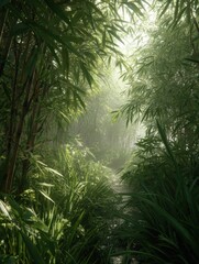 Obraz premium Lush, verdant jungle path through dense foliage.