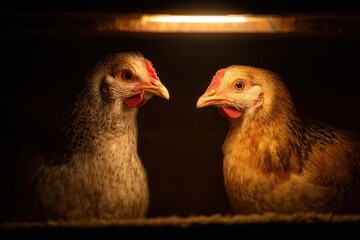 Fototapeta premium Close-up studio shot of two Rhode Island Red Chickens in a dark setting, one with gray plumage and the other with a more golden hue, highlighting their vibrant features.