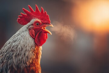 A close-up of a crowing rooster with vibrant red comb and wattle, its beak open and breath visible on a cold morning, warm sunrise light illuminating the scene.