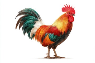 Fototapeta premium Vibrant and detailed digital painting of a colorful rooster against a white background, showcasing its beautiful plumage and intricate features in high resolution.