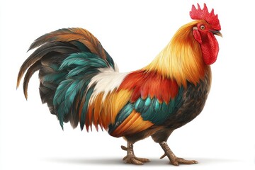 Fototapeta premium A magnificent rooster displaying vibrant plumage and a proud stance against a clean backdrop, showing detail of the colorful fowl on white.