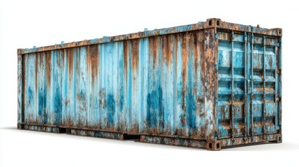 A 4K photo of rusty Blue Shipping Container Isolated on White background.