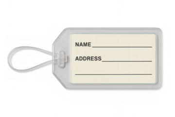 Blank luggage tag with name, address fields, transparent background, waiting for personal travel details