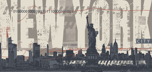 Vector banner or poster with American Statue of Liberty on New York City skyline silhouettes background. Landmark lettering. T-shirt design, flyer, travel brochure, postcard