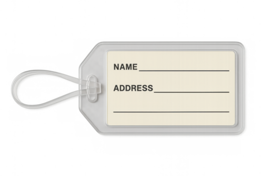 Blank luggage tag with name, address fields, transparent background, waiting for personal travel details