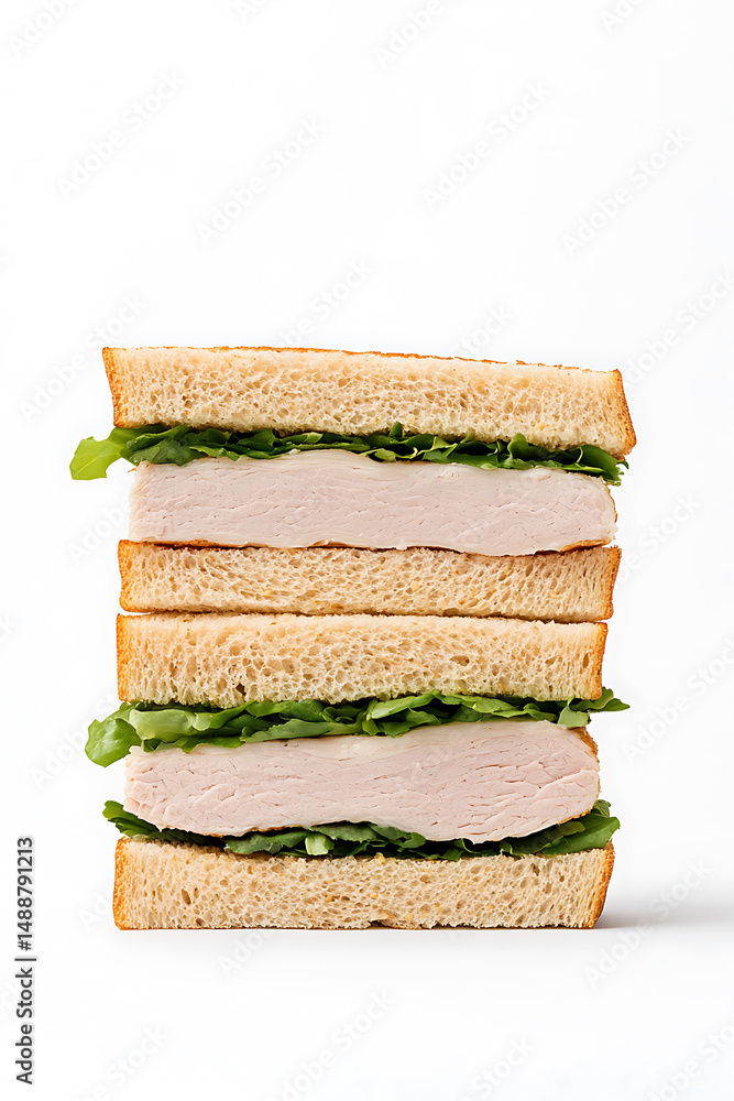Poster stacked sandwich: four slices of toasted bread layered with lettuce and turkey, creating a delightfu