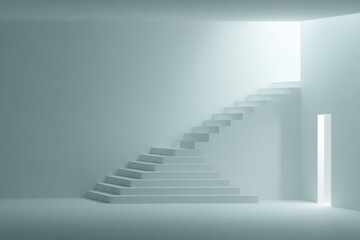 Light-filled modern interior with ascending stairway.