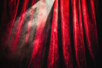 Dramatic red velvet curtains with a bright spotlight shining through the middle, casting shadows and highlights.