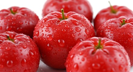 fresh Acerolas, with water drops, white background