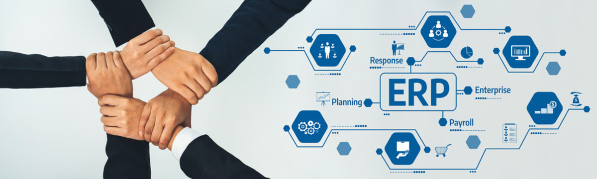 Visual representation of teamwork in enterprise resource planning, showcasing hands uniting with digital icons that symbolize various business functions and operations. Amity