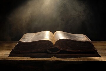 An aged open book rests on a wooden surface, illuminated by a soft, ethereal light against a dark backdrop.