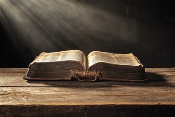 Open antique book illuminated by rays of light on rustic wooden table against dark backdrop.