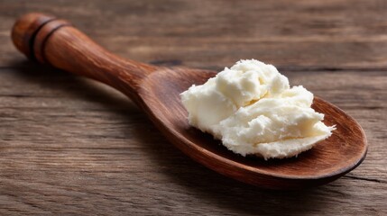 A 4K photo of shea Butter in Wooden Spoon.