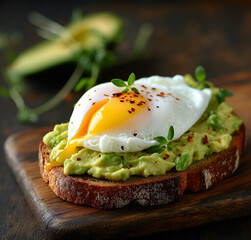Fresh Avocado Toast with Poached Egg and Chili Flakes on Rustic Bread