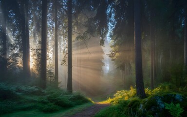 Mystical forest path bathed in golden sunlight.