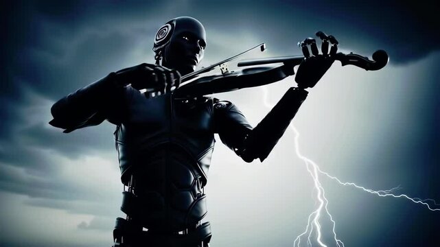 Robotic musician performs haunting melody against stormy backdrop at sunset