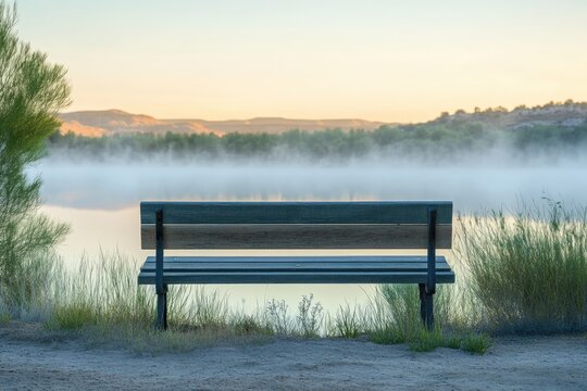 A tranquil scene of a solitary bench overlooking a misty lake at sunrise, offering a peaceful retreat. - Powered by Adobe