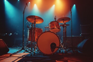 A drum set bathed in the dramatic lighting of a stage, ready for a performance, surrounded by musical equipment.