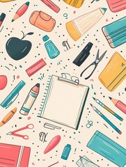 Colorful school supplies pattern featuring notebooks, crayons, scissors, and other stationary items with an empty center for text, ideal for educational themes