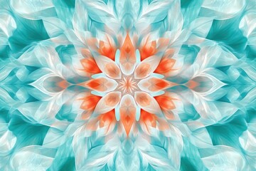 Abstract kaleidoscope image with symmetrical floral design in vibrant teal, white, and orange hues, radiating from the center.