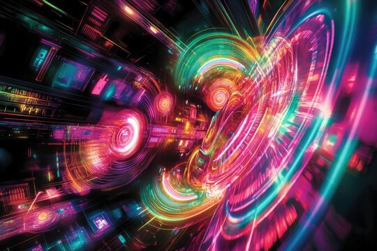 Abstract futuristic rendering with circular light trails and circuit board patterns, evoking technology, energy, and digital information in a vibrant composition.