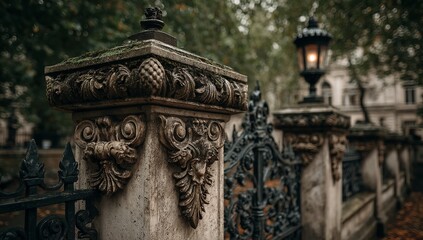 Black Iron Fence with Lamp Post and Decorative Stone Pillar in Garden Park Setting