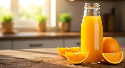 Obraz premium Fresh Orange Juice in Glass Bottle with Fruit Slices
