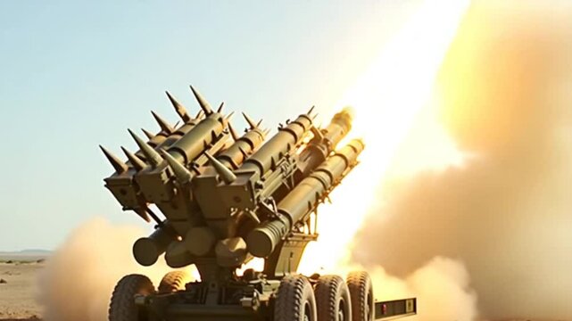 Many Military Projectiles on a Launcher, Sky in Background