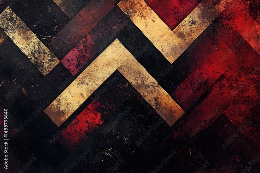 Aufkleber a textured background with golden chevron patterns over a dark backdrop with red accents, creating a