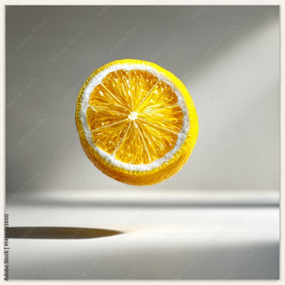 Poster a luminous lemon slice suspended in light, casting a shadow in a studio setting.