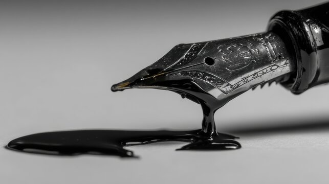 Close-up view of ink dripping from a fountain pen.