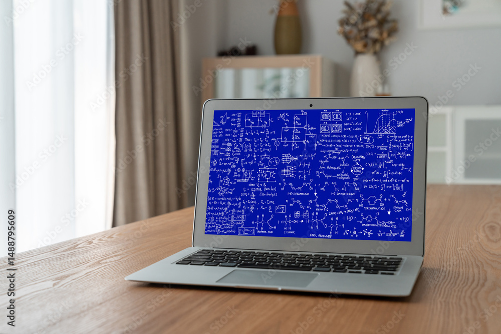 Poster mathematic equations and modish formula on computer screen showing concept of science and education