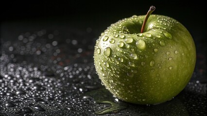 Fresh Green Apple with Water Droplets and Splash in isolated Black