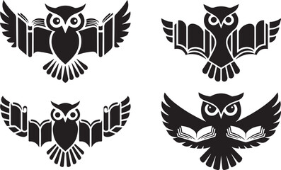 Owl with Book Wings Vector Silhouette Set