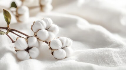 Fresh cotton boll on soft white fabric with natural texture