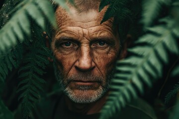 Intense portrait of a weathered man surrounded by lush green ferns, his eyes captivating and expression stoic in nature's embrace.