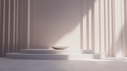 A minimalist white room with a pedestal and bowl.