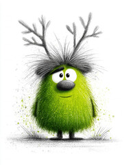 Fototapeta premium A scribble-style cartoon forest troll, green with bushy eyebrows, bent twig antlers, surprised expression, upright bipedal posture, brown eyes, black outlines on white background - AI-Generated