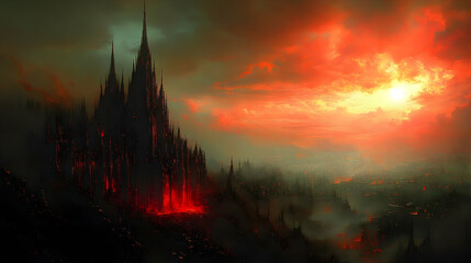 Dark towers rise against fiery sky, landscape consumed by what looks like lava and smoke