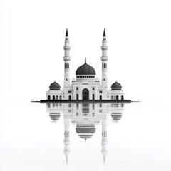 Fototapeta premium White mosque floating on water, subject on a solid pure white background, Dark Outlined, no shadows, no texture