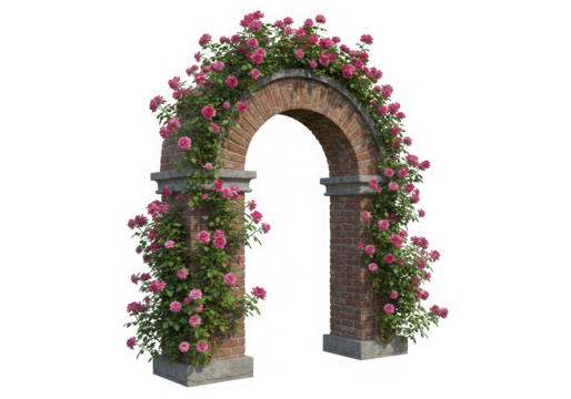 Floral brick archway with roses isolated on transparent background