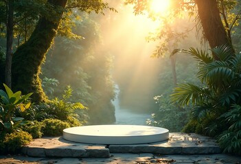 A modern podium for product design against the backdrop of a tropical forest