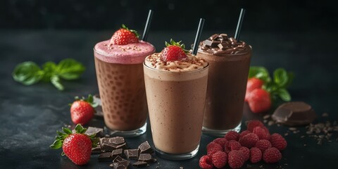 Delicious smoothies featuring strawberries, chocolate, and raspberries on a dark background